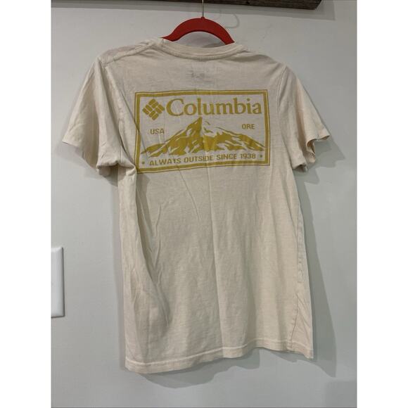 Columbia Men's T-shirt Sz Small Oatmeal W Yellow Print Logo Short Sleeves Cotton - Picture 1 of 4